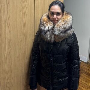 Women's Black Puffer Jacket with Genuine Fox Fur Trim